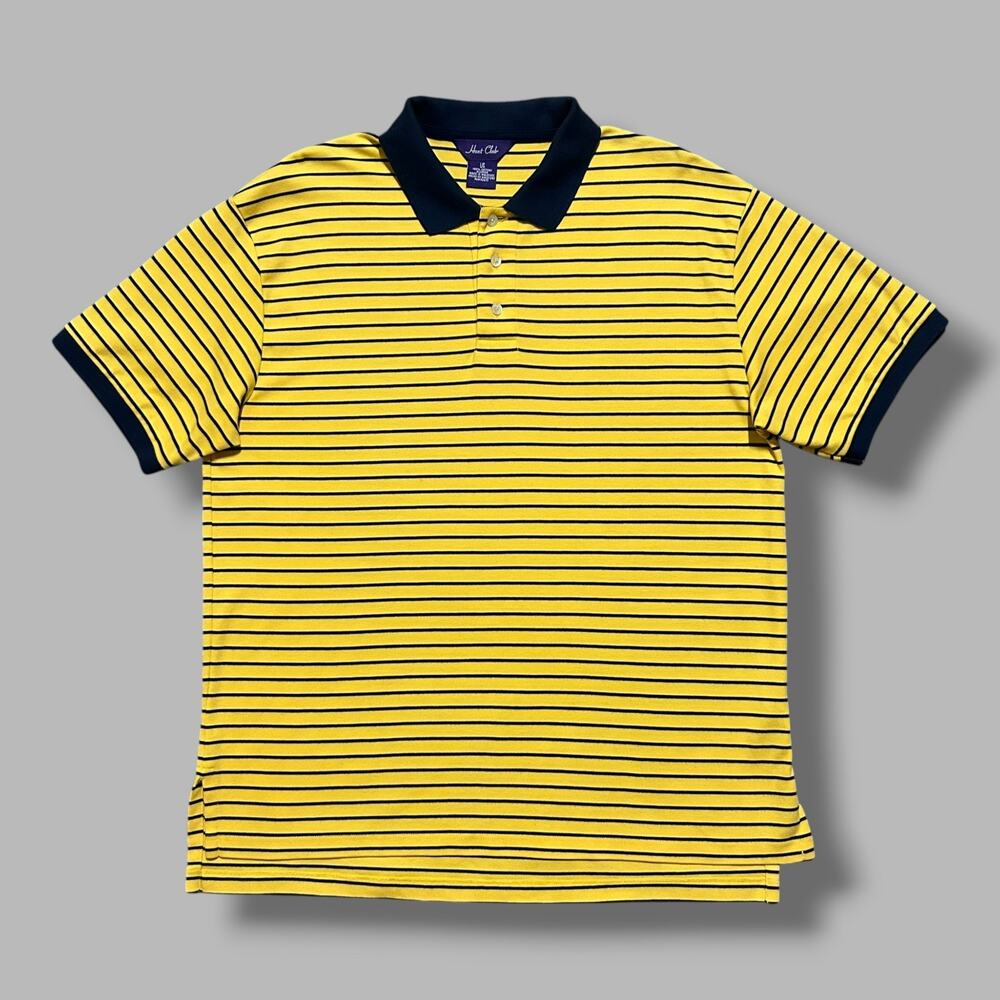 Vintage Striped Polo Shirt Golf Tee 90s Cotton Preppy Mens Large Yellow Blue